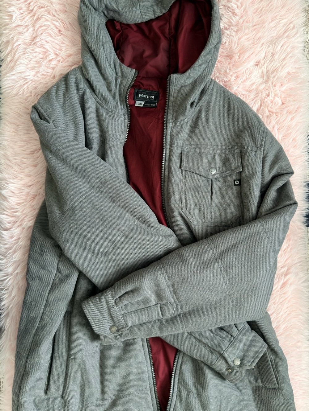 Marmot Gray Hooded Puffer Jacket with Maroon Interior